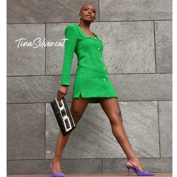 BLOGGERS FAVE! Zara Elegant Green Tweed Mini Dress With Jewel Buttons NWT - Picture 10 of 17